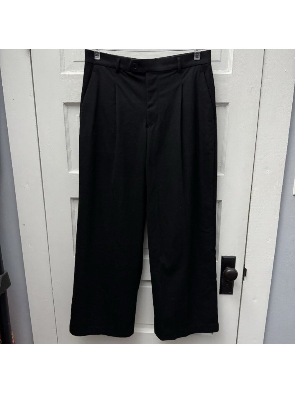 MUJI Black Wide Leg Pleated Dress Pants XL High Rise Stretch Trouser 30 Inseam